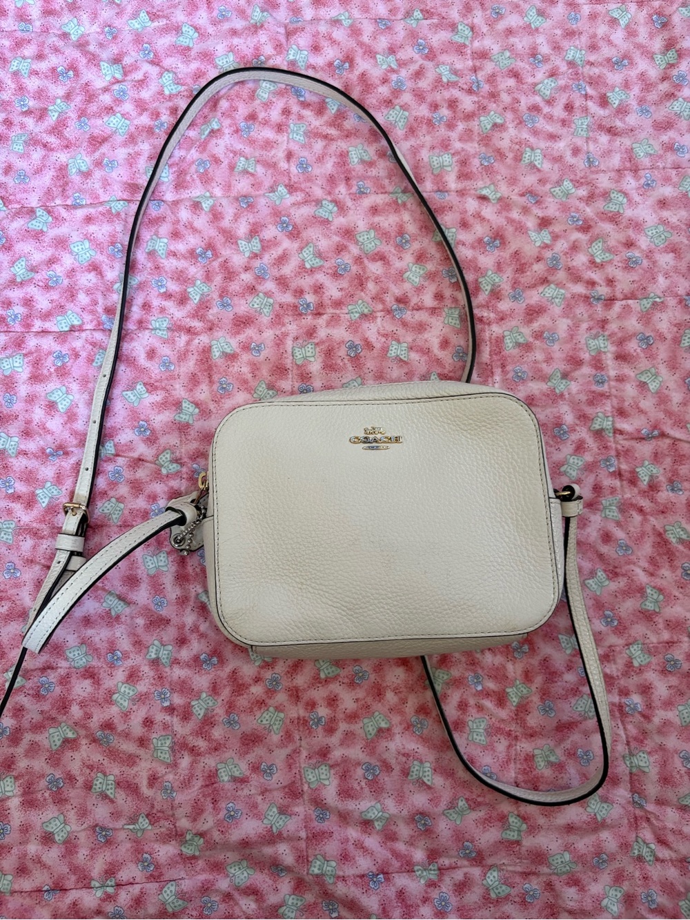 Coach Cream Pebbled Leather Crossbody Bag with Gold Logo